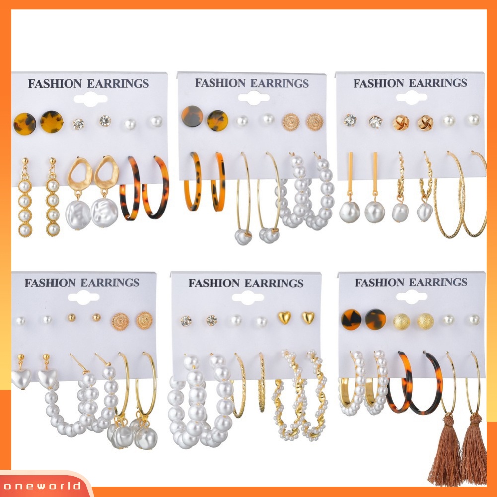 [WOD] 6pasang Wanita Mutiara Imitasi Rumbai Geometris Menjuntai Ear Studs Hoop Earrings Jewelry