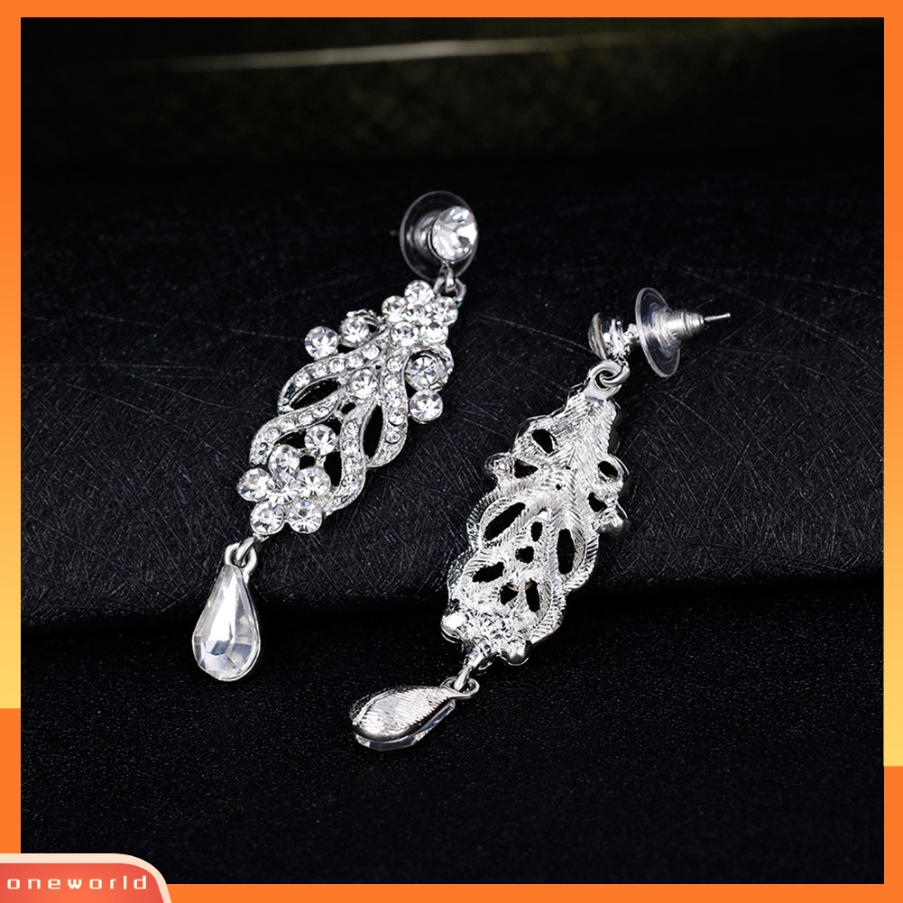 [WOD] Wanita Sederhana Berlian Imitasi Mengkilap Bunga Panjang Menjuntai Anting Pernikahan Perhiasan Pengantin