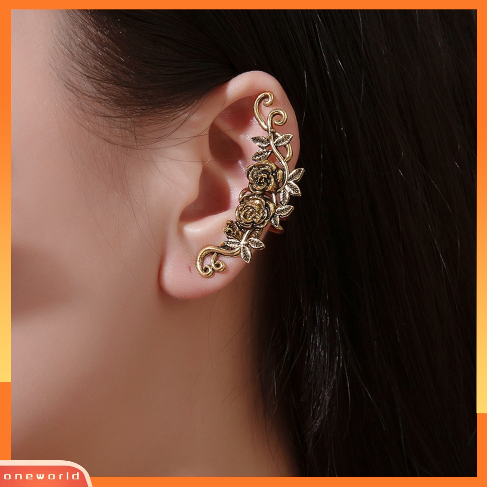 [WOD] 1pc Wanita Ukir Bunga Mawar Manset Telinga Klip On Anting Tanpa Tindik Helix Perhiasan