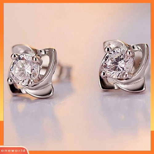 [WOD] Wanita Pernikahan Bunga Cubic Zirconia Perak Disepuh Ear Stud Earrings