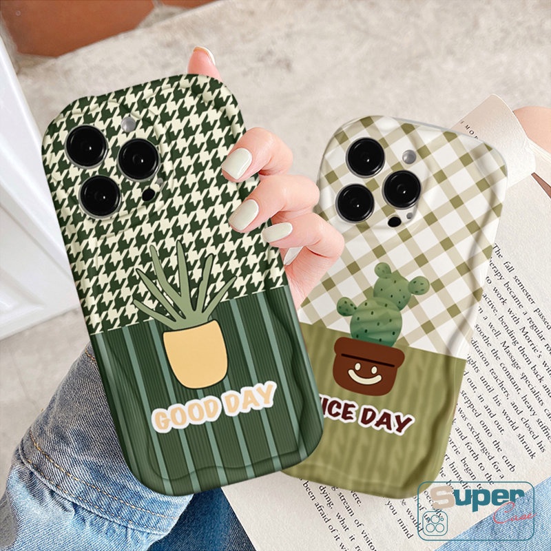 Case Pasangan Kaktus Tanaman Pot Segar Untuk Redmi 9C Nfc10 A1 10C 10A 9A A2 9T 9catatan 10Pro 11s 10s 11 10 Pro Max Plus POCO M3 Pola Kisi Tpu Lembut 3D Bergelombang Penutup Tepi Melengkung