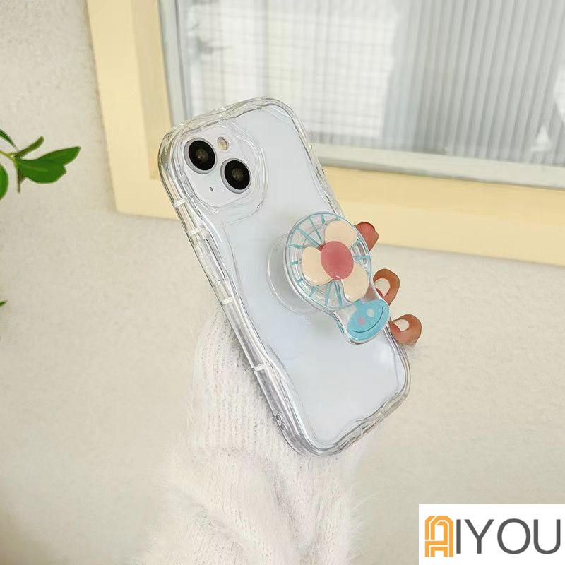 Kipas IPHONE Rotated Stand Holder Clear Phone Case Untuk Iphone11 12 13 14 Pro MAX Mini 6s 7 8 Plus X XR XS MAX SE 2020 13Mini Case Silikon Lembut Shockproof Pelindung Lurus Gelombang Cov