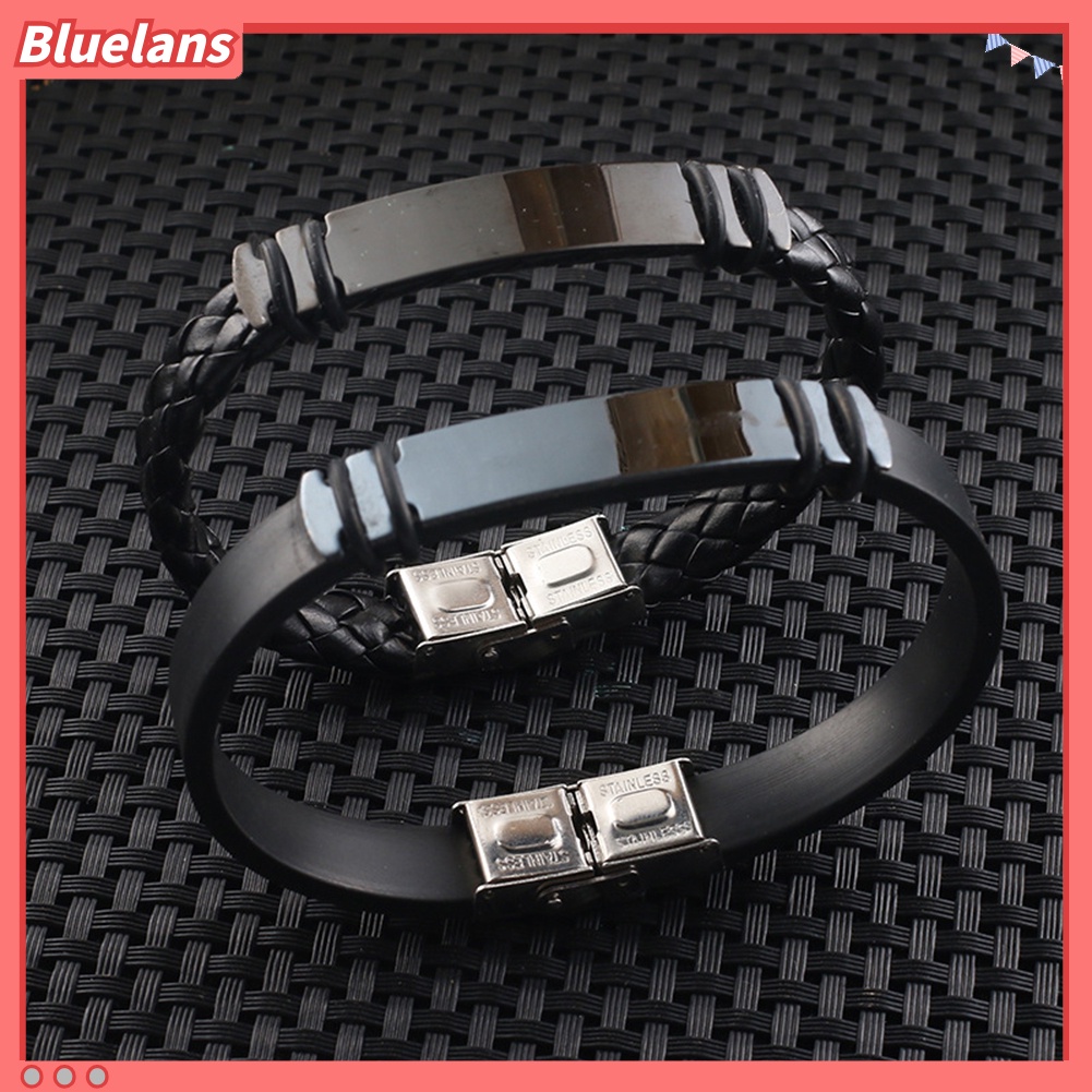 [BLS] Fashion Pria Silikon Faux Braided Leather Buckle Clasp Gelang Bangle Perhiasan