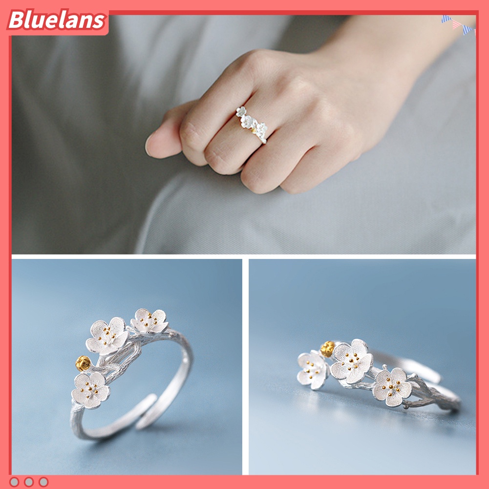[BLS] Mode Plum Blossom Cincin Jari Terbuka Buatan Tangan Bunga Dapat Disesuaikan Perhiasan Wanita