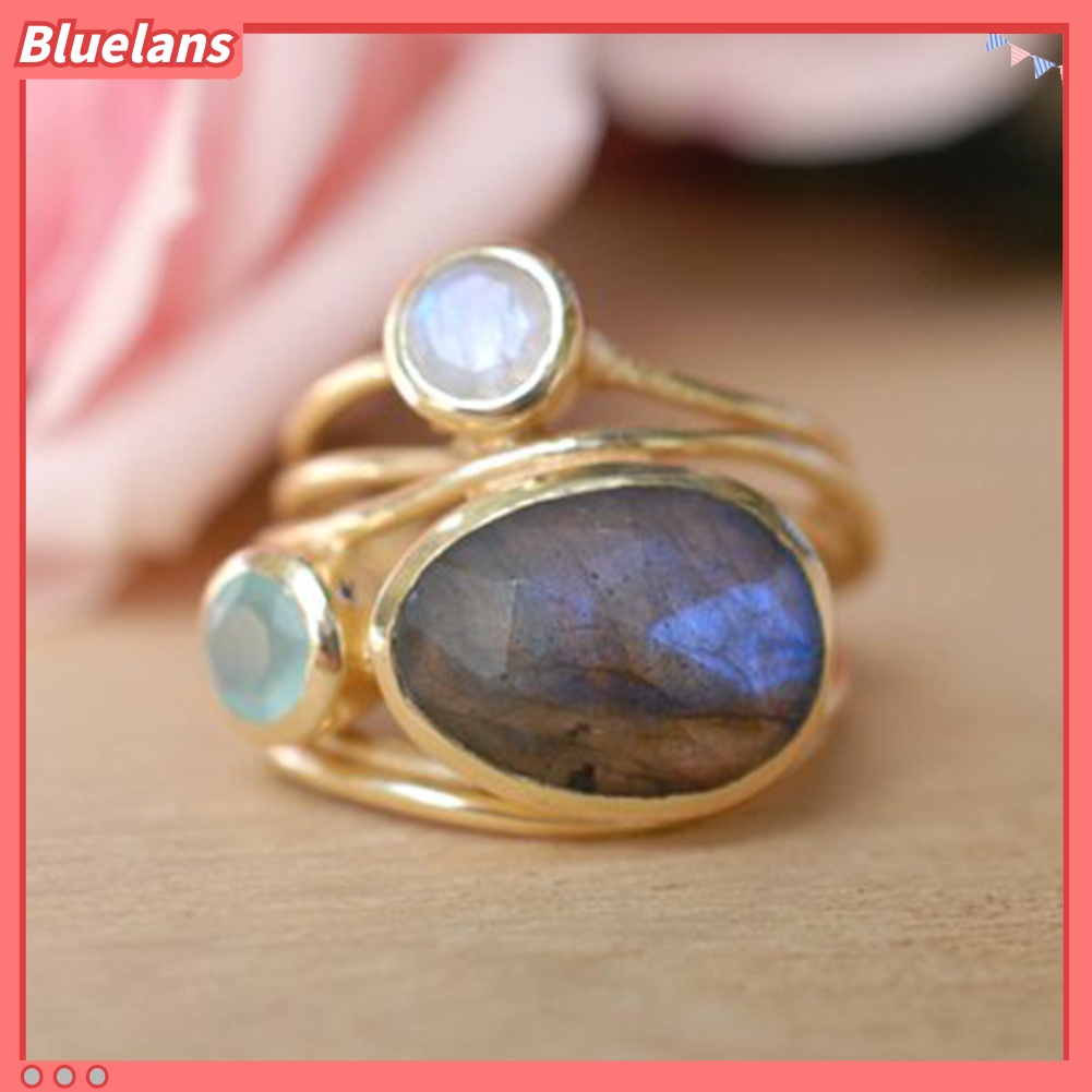 [BLS] Vintage Irregular Multilayer Buatan Moonstone Wanita Jari Cincin Perhiasan Hadiah