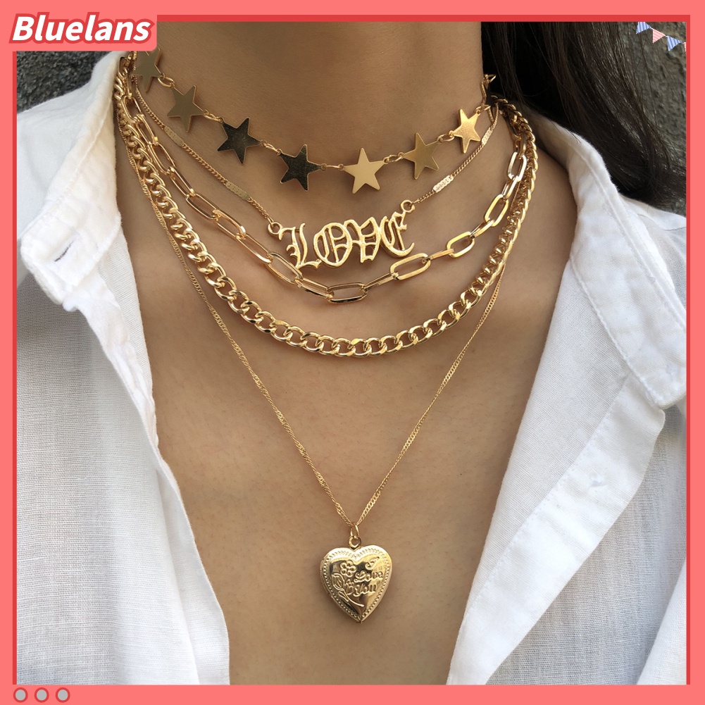 [BLS] 5pcs/set Wanita Multilayer Bintang Hati Cinta Pesona Rantai Kalung Perhiasan Hadiah