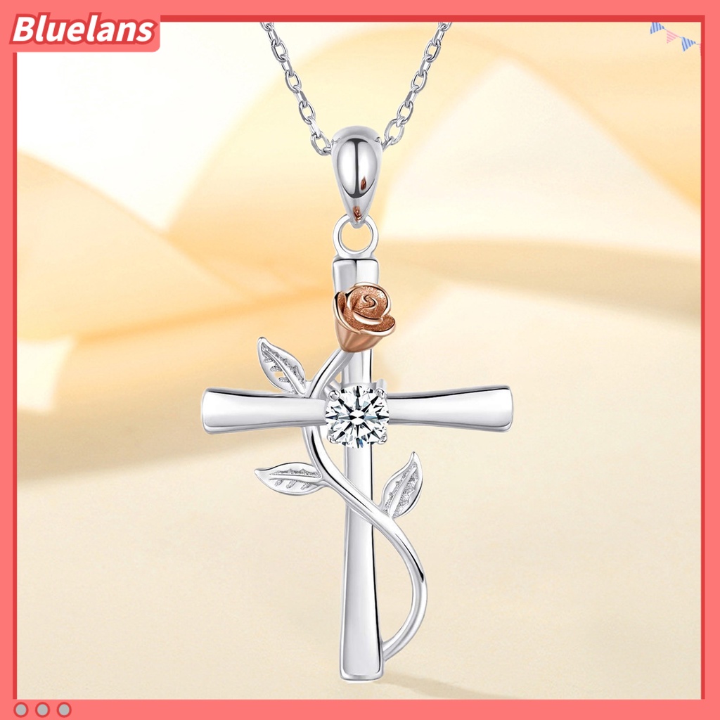 [BLS] Kalung Wanita Novelty High Gloss Silver Plated Cross Rose Flower Kalung Rantai Berlian Imitasi Mengkilap Untuk Pesta