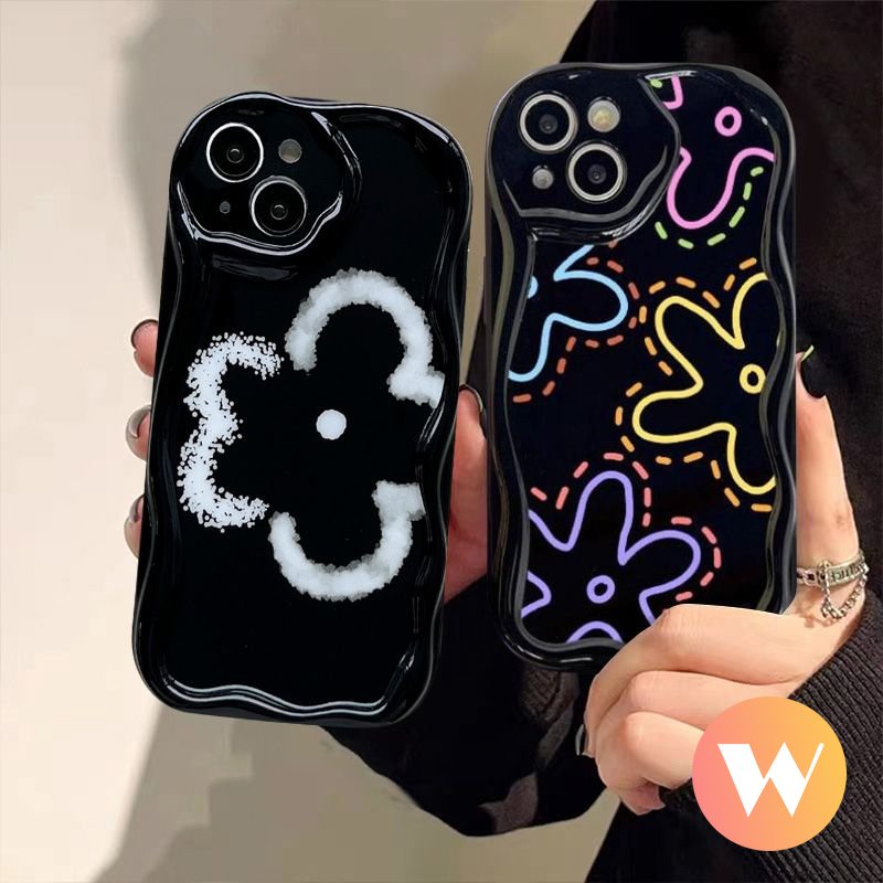 Casing Tepi Melengkung Bergelombang 3D Kompatibel Untuk IPhone 7Plus 8Plus 14 12 13 Pro Max 6s 6 7 8 Plus X XS Max SE 2020 11 Pro Max XR Art Retro Black Fresh Flowers Glossy Shockproof Soft Cover