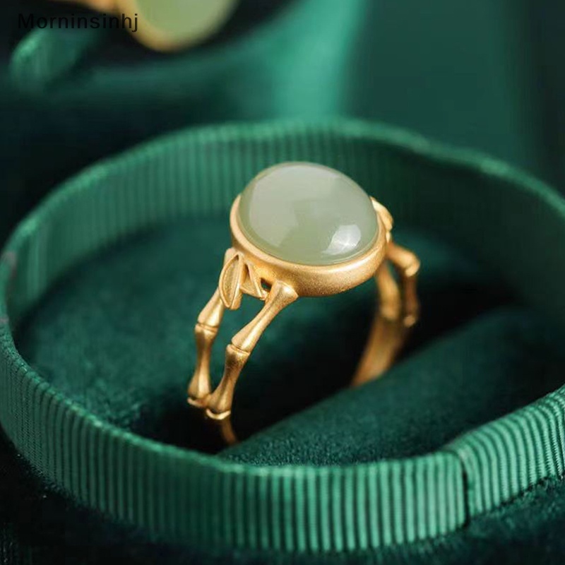 Mornin Warna Emas Kuno Kerajinan Hias Hijau Oval Hotan Jade Kreatif Bambu Terbuka Dapat Disesuaikan Cincin Untuk Wanita Elegan Klasik Perhiasan id