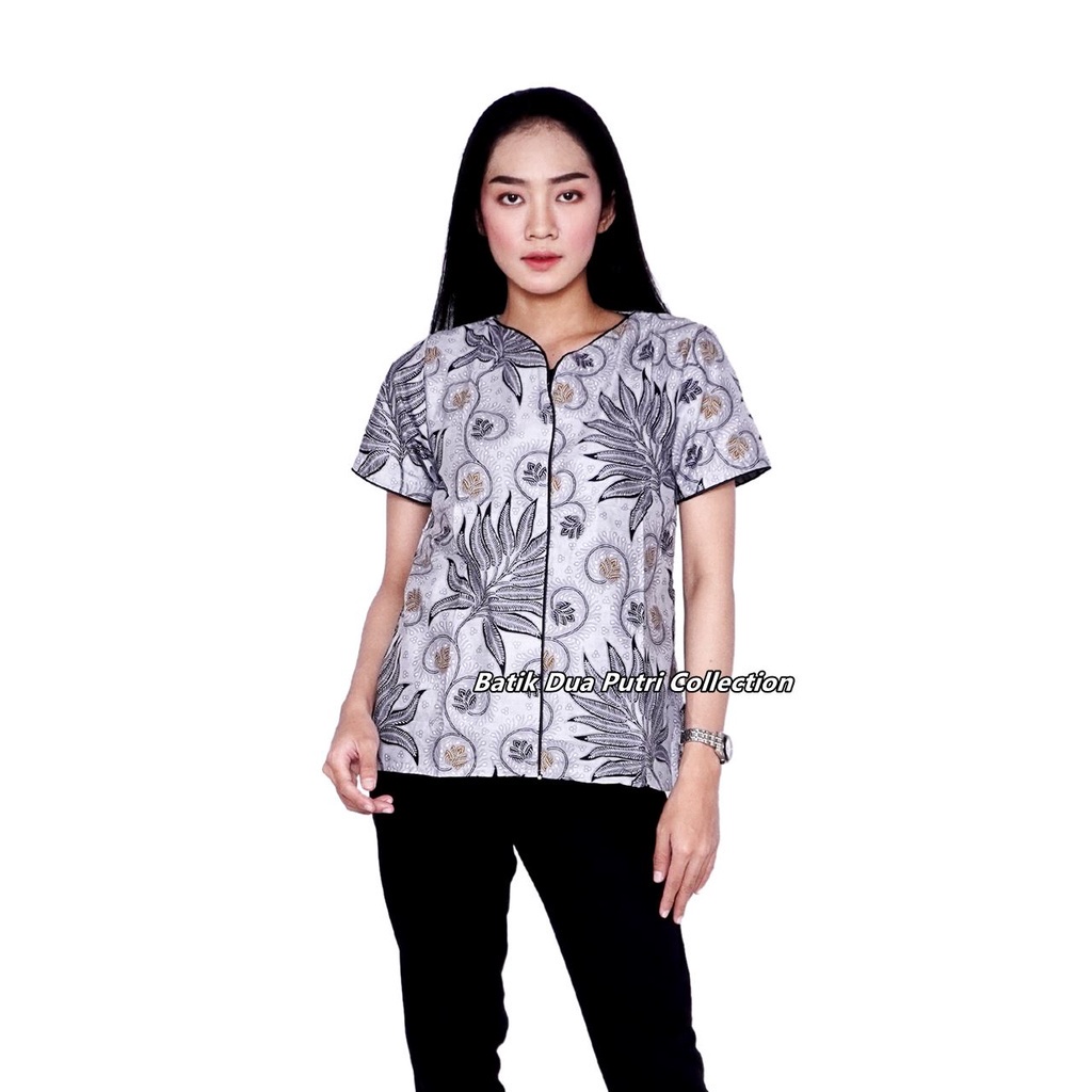 Atasan Blouse Batik Wanita Lengan Pendek Warna Silver By Batik Dua Putri Collection