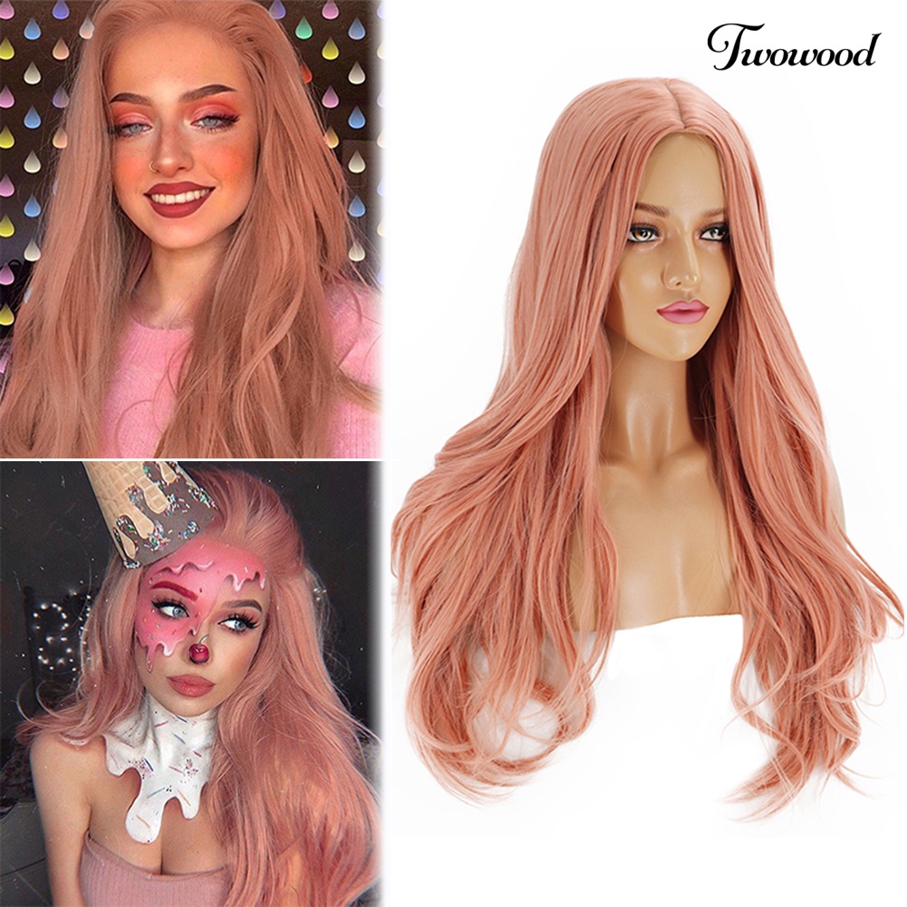 Twowood Wanita Panjang Keriting Rambut Sintetis Rose Net Pink Wig Pesta Ekstensi Sopak