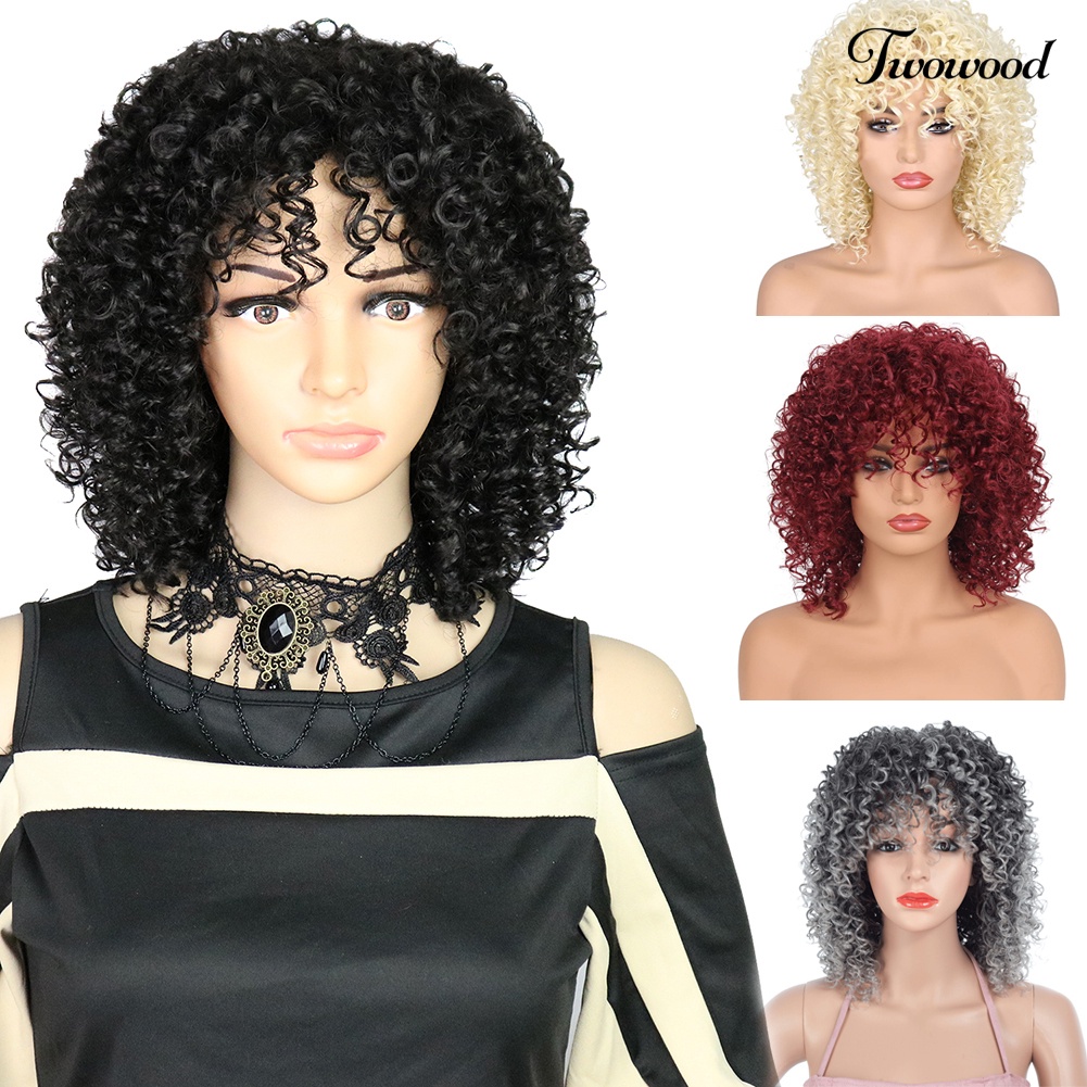 Twowood Wanita Afrika Berbulu Keriting Rambut Pendek Matte Suhu Tinggi Serat Wig Sopak