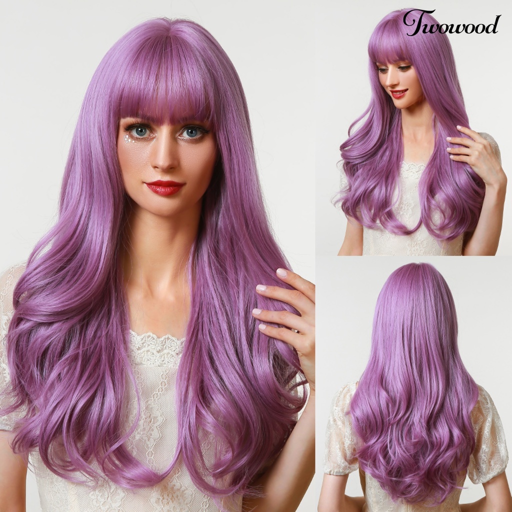 Twowood Wanita Wig Rambut Rapi Poni Bernapas Ringan Halloween Cosplay Wig Gelombang Panjang Untuk Perempuan