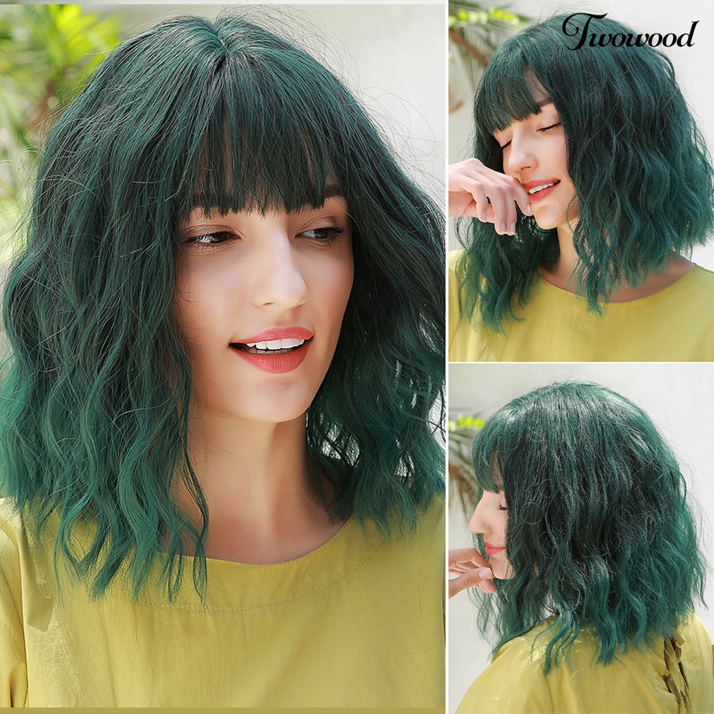 Twowood Air Bangs Wig Universal Halus Ringan Poni Udara Wig Rambut Pendek Keriting Hijau Untuk Kehidupan Sehari-Hari