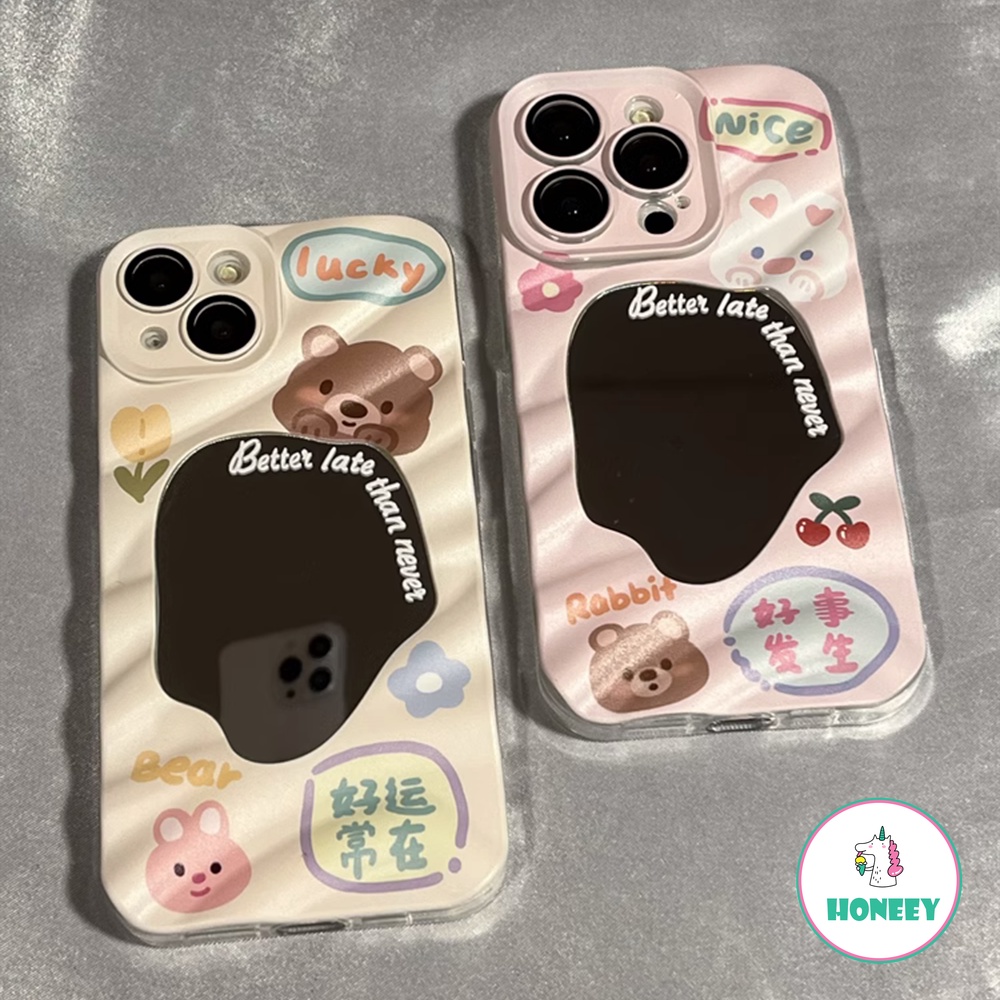 Fashion Makeup Cermin 3D Beruang Lucu Bunny Case Untuk iPhone 14 Pro Max13 12 Pro Max11 Pola Kerut Lembut Shockproof Penutup Belakang