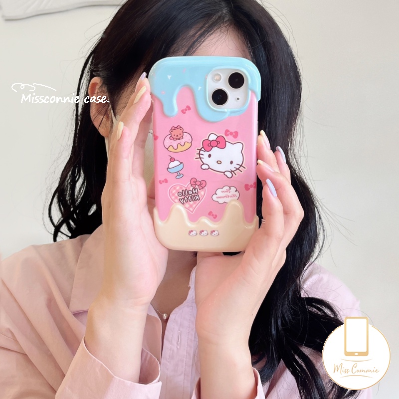 IPHONE Kreatif Permen 3D Ice Cream Case Kompatibel Untuk Iphone11 14 12 13 Pro Max 7Plus XR X XS Max7 8 Plus Kartun Lucu Hello Kitty Cinta Hati Kue Beruang Lembut Tpu Cover