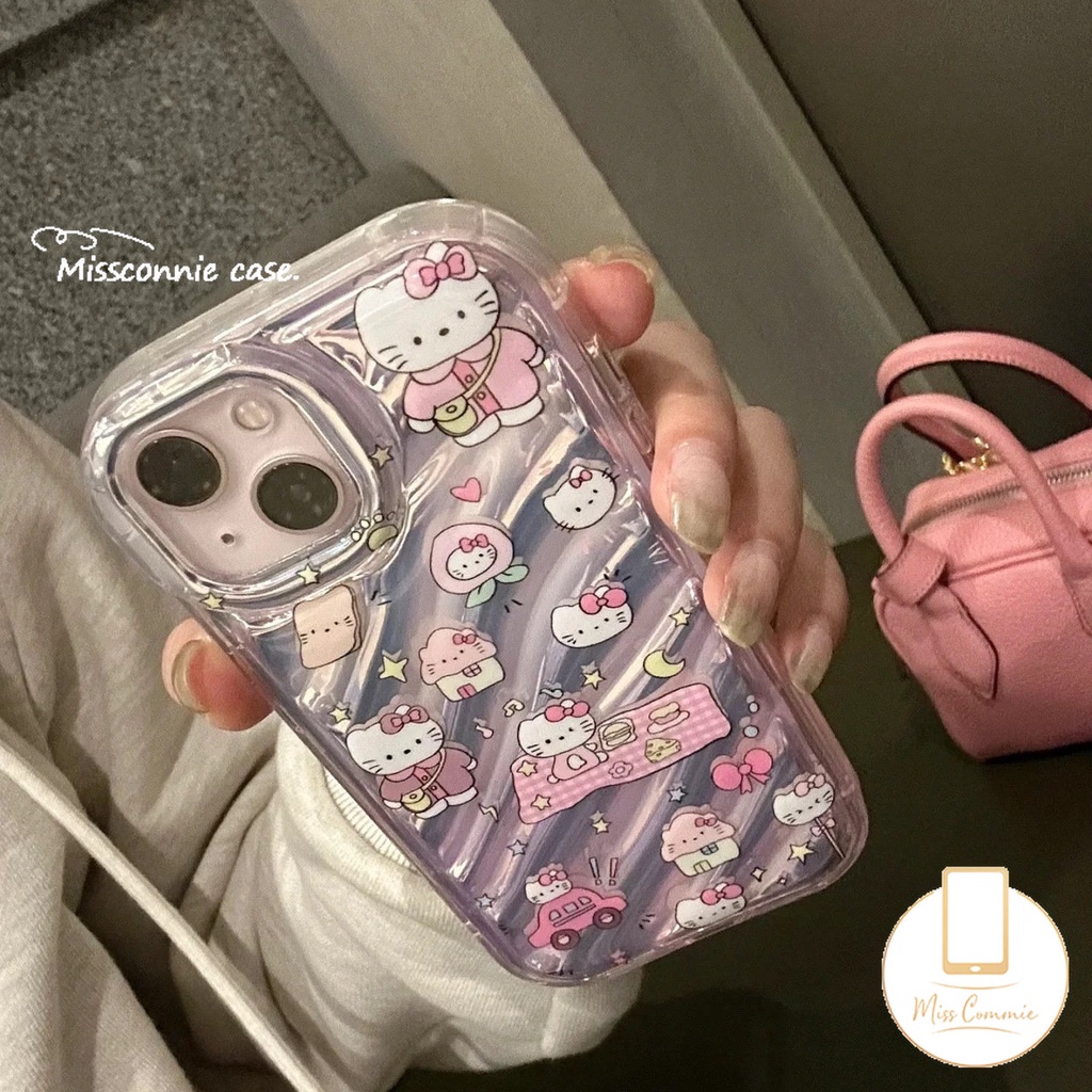 IPHONE Casing Tombol Ponsel Hello Kitty Retro Lucu Kompatibel Untuk Iphone11 12 13 14 Pro Max7 8 6 6S Plus XR X XS MAX SE 2020kartu Laser Kreatif 3D Stereo Pola Korgasi Soft Cover
