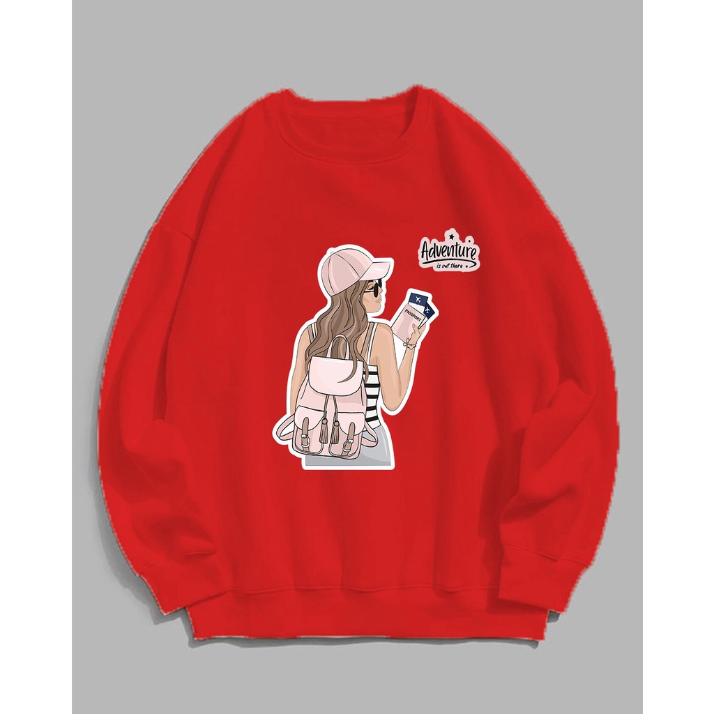 Sweater wanita Adventure Girl crewneck fleece oblong  sablon basic  oversize  tangan  panjang