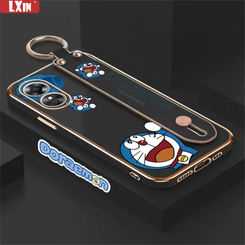 Soft Case OPPO A17 A17K A16K A16e A16 A57 4G A77S A95 A74 A15 A15S A54 A5S A12 A5S A7 A3S A52 A92 A11K A1K Kartun Doraemon Lucu Tempat Stand Lipat Mewah Plating Sarung Karet