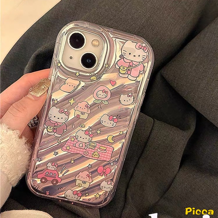 IPHONE Kartun Hello Kitty Case Kompatibel Untuk Iphone11 13 14 12 Pro MAX XR 7Plus 7 8 6 6S Plus X XS MAX SE 20203D Stereo Korgasi Kartu Laser Vintage Tombol Telepon Digital Soft Cover