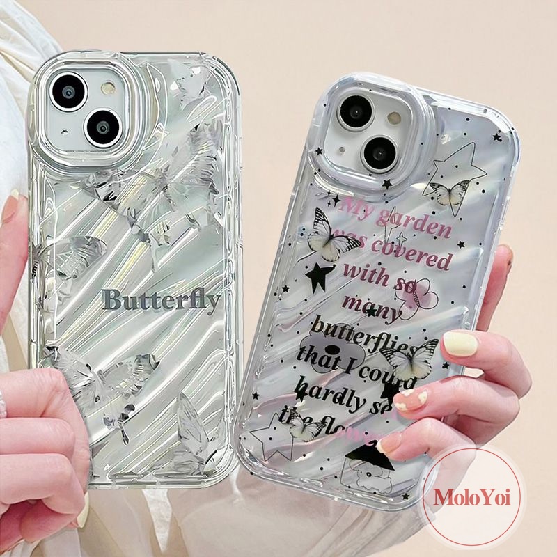 IPHONE Luxury Dazzle Kartu Warna 3D Stereo Corrugation Case Kompatibel Untuk Iphone11 12 14 13 Pro MAX XR X XS MAX 7Plus 7 6 8 6S Plus SE 2020 Kreatif Surat Sederhana Fantasi Butterfly Cover