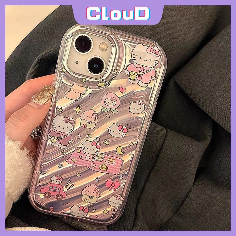 IPHONE Casing Bening Kartu Laser Kompatibel Untuk Iphone7 8 Plus 6 6S 7 8 Plus X XS Max SE 2020xr 11 12 13 14 Pro Max 3D Stereo Corrugation Doodle Kartun Lucu Hello Kitty Pattern Cover