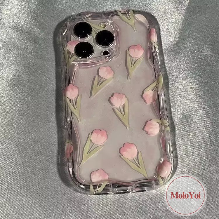 3d Wavy Curved Edge Fresh Flowers Tulip Case Kompatibel Untuk iPhone XR XS X Max11 12 14 13 Pro Max7 6 6s 8 Plus SE 2020 Stand Phone Bunga Dengan Braket Bunga Soft Cover
