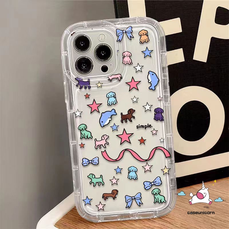 Kartun Hewan Paus Bintang Puppy Doodle Case Kompatibel Untuk iPhone XR X13 11 12 14 Pro MAX 7 6 8 6S Plus XS MAX Fashion Transparan Garis Lucu Emote Shockproof Airbag Soft Cover