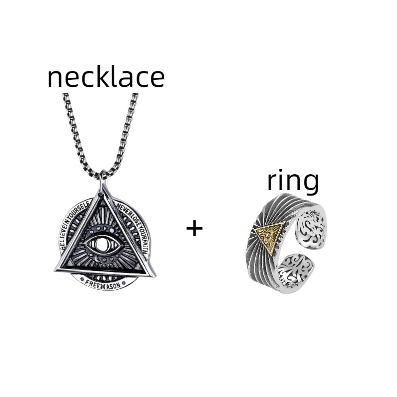 Set Cincin Kalung Mata Set Horus Demon, Kalung Rantai, Cincin Buka Mata Horus