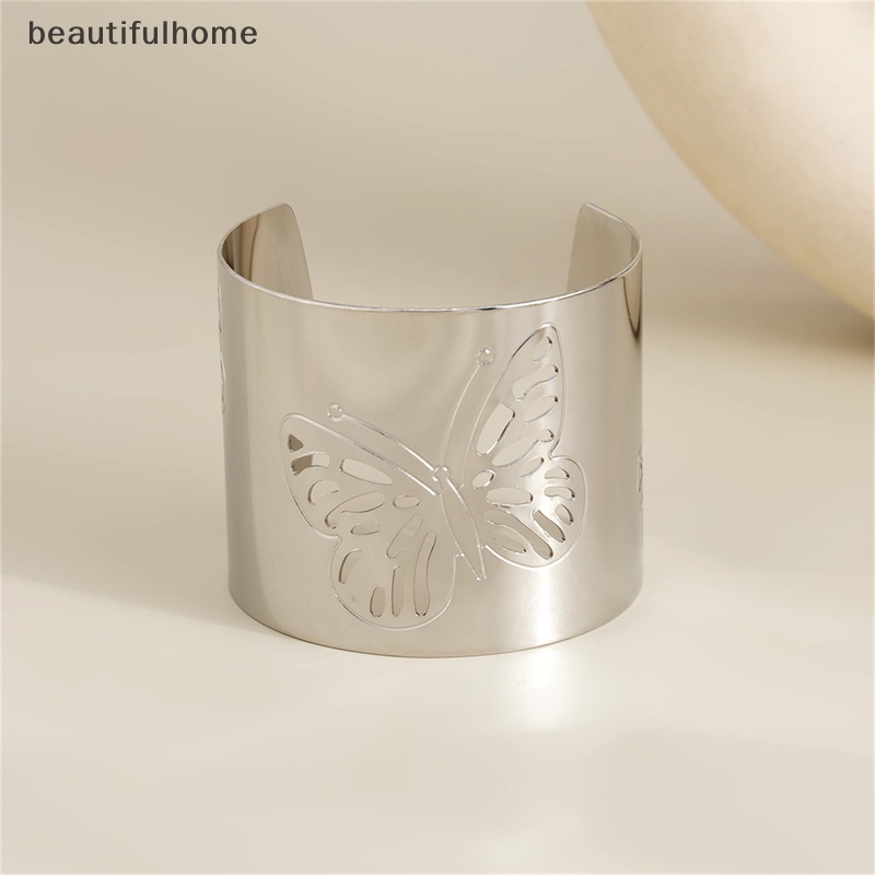 {beautifulhome} Metal Hollow Butterfly Bangles Untuk Wanita Terbuka Adjustable Lebar Manset Gelang Pesta Pernikahan Perhiasan.