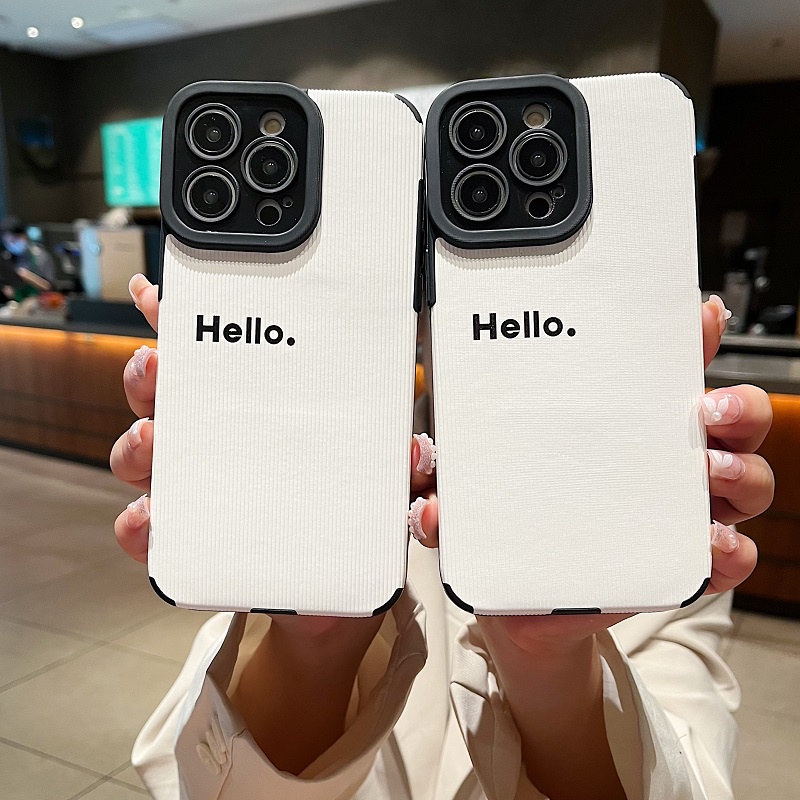 IPHONE Soft case Pelindung Kulit Tekstur Vertikal HELLO Putih Simple Untuk Iphone14 13 12 11 Pro Max X XR XS Max7 8 Plus
