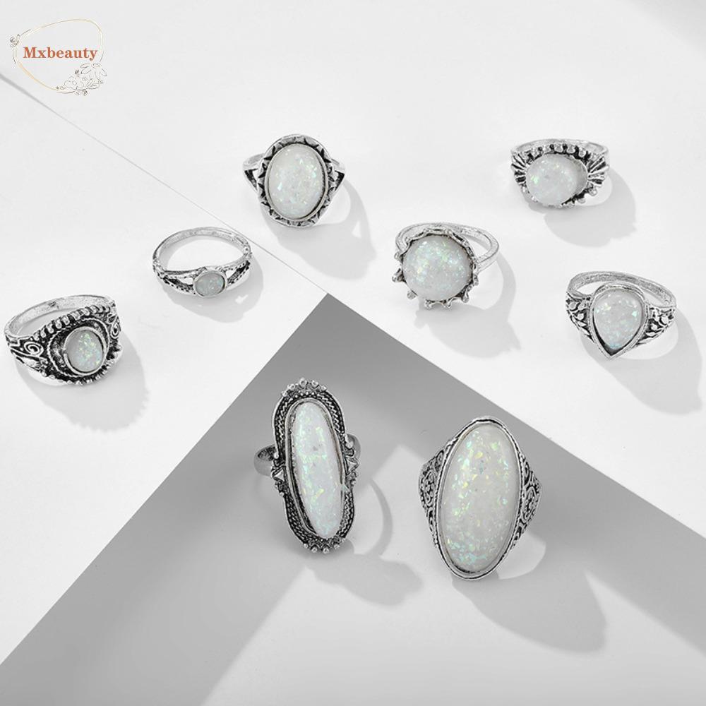 Mxbeauty Cincin Batu Pirus Fashion 8pcs /set Vintage Geometri Fashion Perhiasan Persegi Unisex Moonstone Gaya Korea Ring