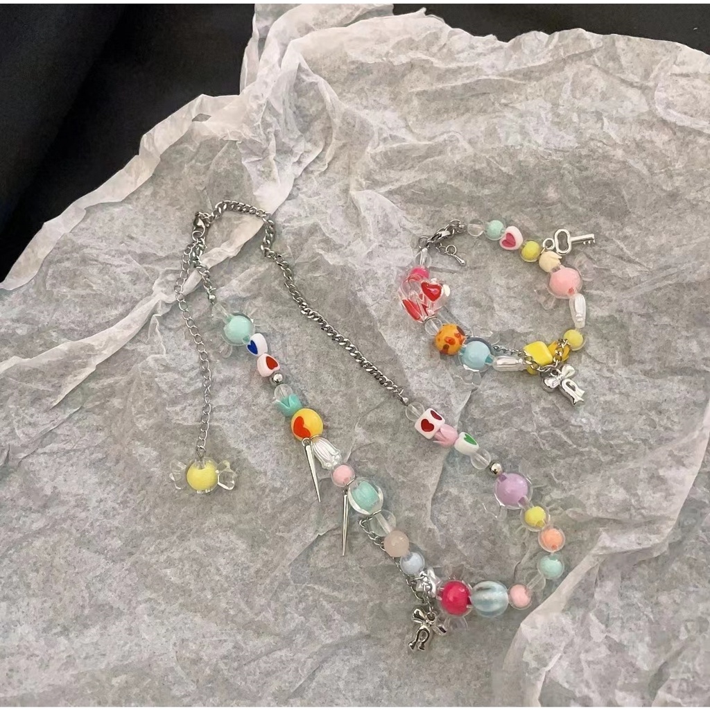 Candy Paradise Kalung Perempuan Gaya Baru Trendi Niche Desain Manis ins Manik-Manik Warna-Warni Childlike Klavikula Rantai Gelang