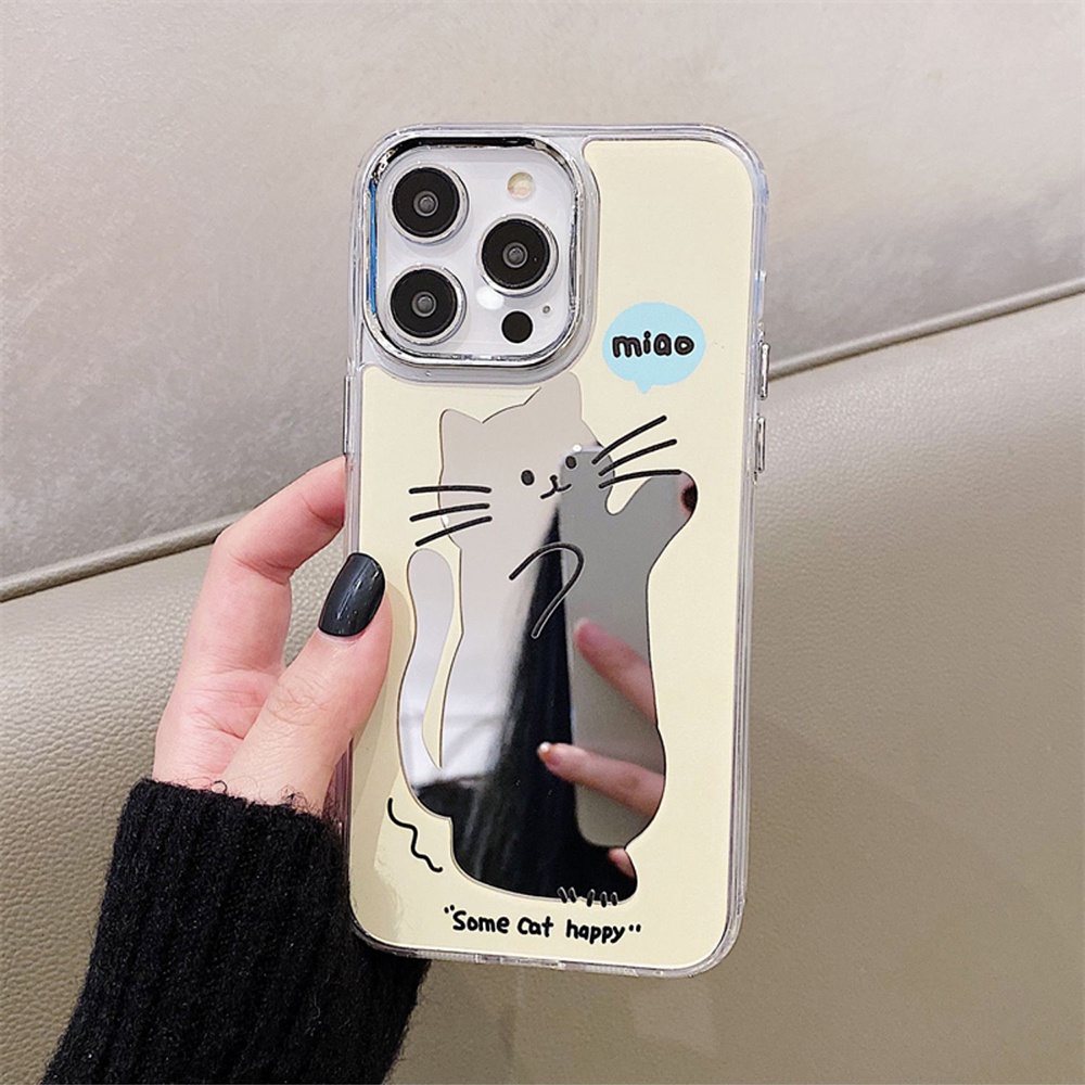 IPHONE Kartun Kucing Lucu Cermin Ponsel Case Kompatibel Untuk Iphone11 12 13 14 12Pro 13Pro 14Pro Pro Max XR X XS Max Electroplating Tombol Perlindungan Mirror Cover