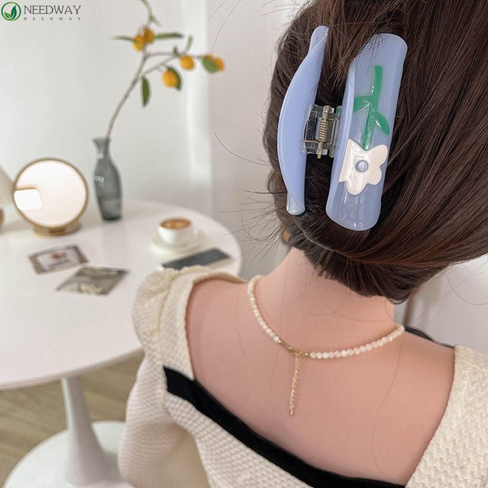 Needway Hair Claw Elegan Gaya Korea Bunga Ponytail Holder Jepit Cakar Geometris Akrilik Untuk Rambut Tebal Untuk Wanita