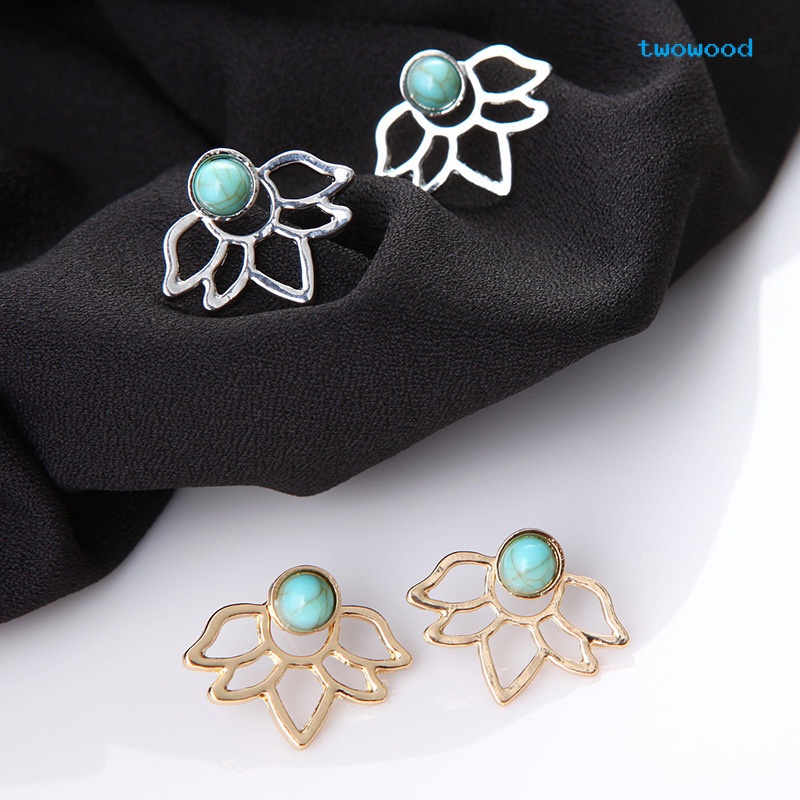 Twowood Eropa Dan Amerika retro turquoise lotus petal Berongga Daun Anting Anting