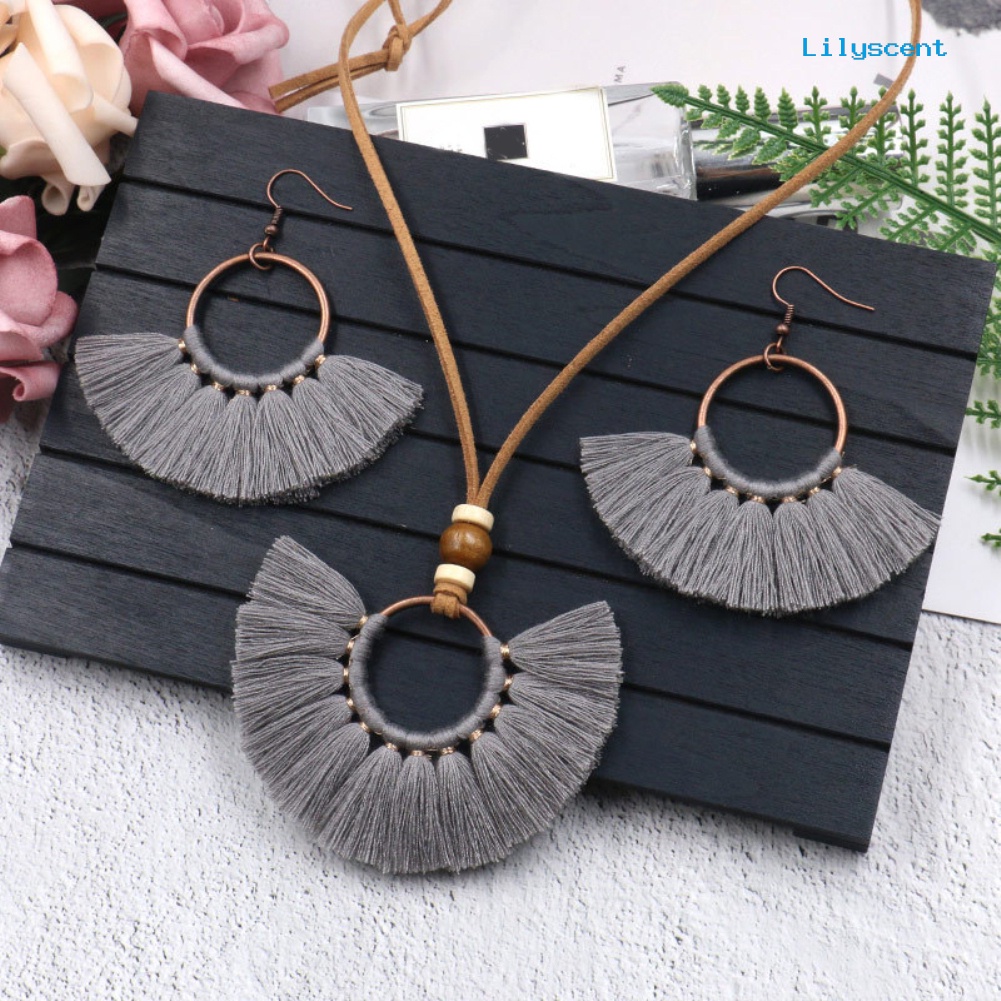 [LS]Bohemian Wanita Bulat Liontin Fringe Rumbai Tali Kalung Anting Set Perhiasan