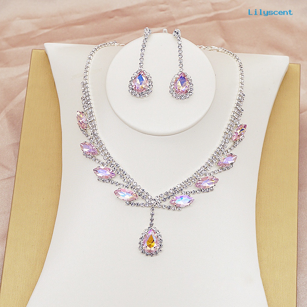 [LS]1 Set Kalung Anting Pengantin Perhiasan Berlian Imitasi Bentuk Tetesan Air Electroplating Sparkling Jewelry Set Untuk Pernikahan