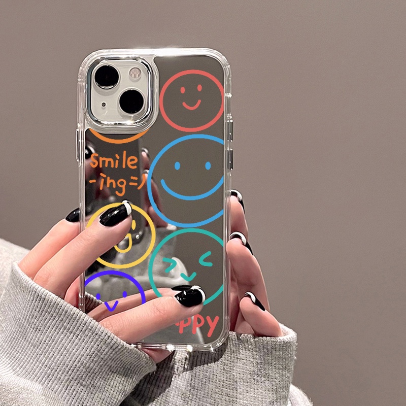 IPHONE Happy Smile Emoji Mirror Phone Case Kompatibel Untuk Iphone11 12 13 14 12Pro 13Pro 14Pro Pro Max XR X XS Max Electroplating Tombol Perlindungan Mirror Cover