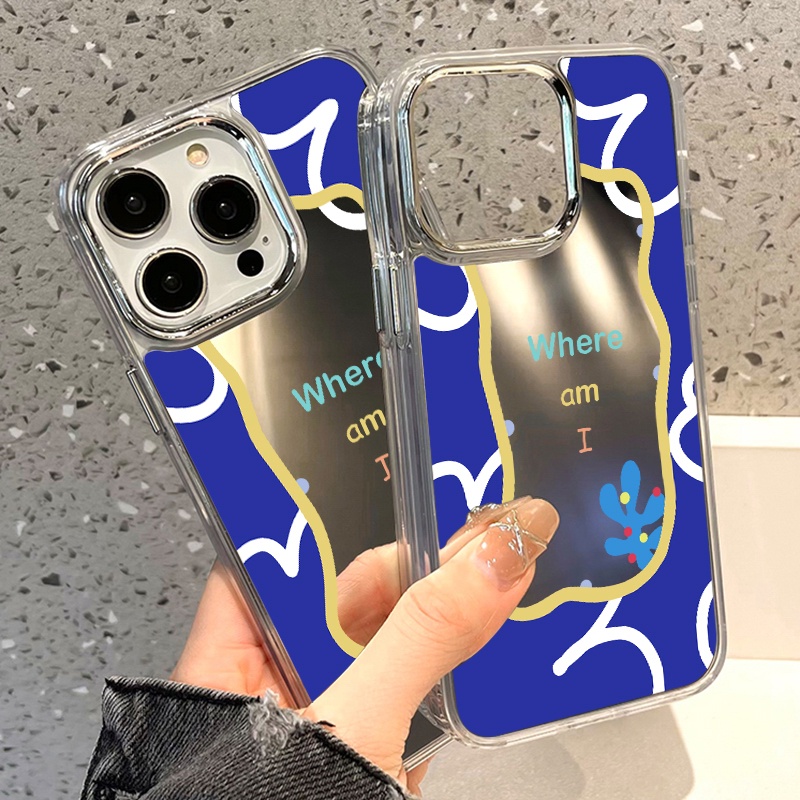 IPHONE Casing Ponsel Cermin Lukisan Biru Terang Kompatibel Untuk Iphone11 12 13 14 12Pro 13Pro 14Pro Pro Max XR X XS Max Electroplating Tombol Perlindungan Mirror Cover