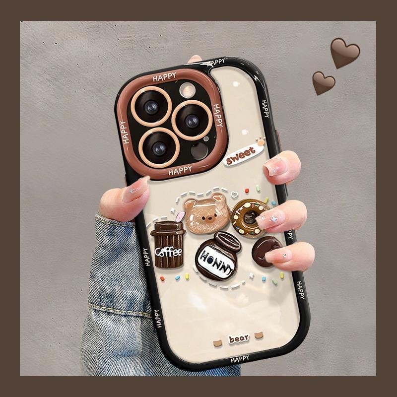 Stereoscopic Doll Puff Crystal Coffee Bear Silicone SoftCase IPhone XR XS Max 11 12 13 14 Pro Max 14 Plus Girl Woman's Fashion Pretty Cute Phone Case