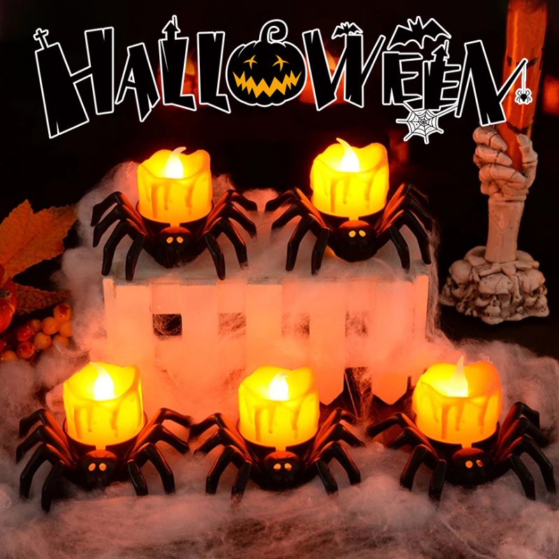 Lampu lilin Spider labu Halloween / lampu lilin hias tanpa api LED / lampu teh elektronik dioperasikan baterai / alat peraga suasana Horror seram / dekorasi pesta Halloween