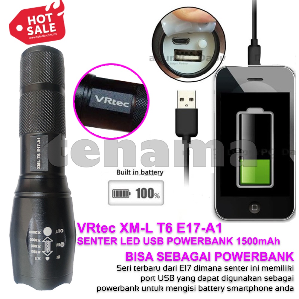 VRtec Senter LED E17 - A1 USB Rechargeable Battery Cree XM-L T6