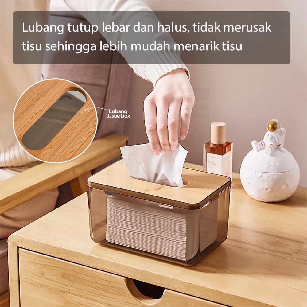 HUGO Tempat Penyimpanan Tissue Transparan Kotak Tisu Estetik Minimalis Tutup Kayu Premium Quality