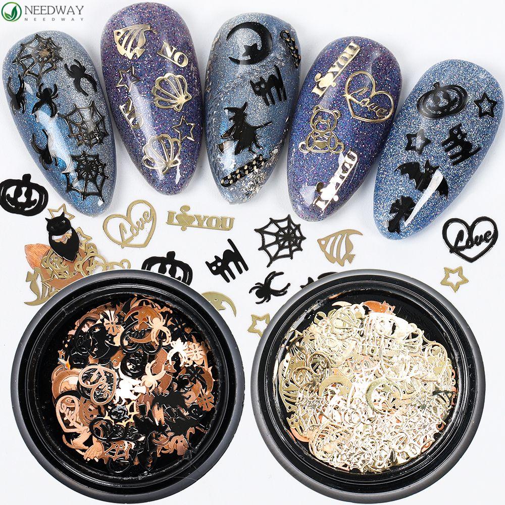 NEEDWAY Halloween Perhiasan Nail Art Hitam Emas Alloy Decals Cross Kelelawar Penyihir DIY Nail Art Dekorasi