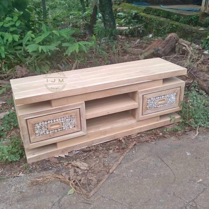 Rak Lemari Tv Minimalis Retro Meja Bufet Tv Kayu Jati Model Kaca Mata - BELUM WARNA