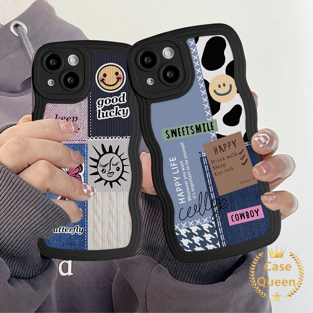 Houndstooth Diamond Pattern Lattice Splicing Flower Case Untuk Redmi 9C NFC A1 10A 12C 10C 9A 9C 10 9 9T Note9 10S 8 10 11 11s Lembut Bergelombang Tepi Pola Kupu-Kupu Splicing Penutup Senyum