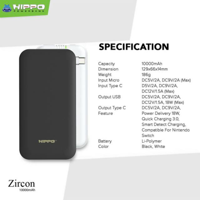 Hippo PowerBank Zircon 10000mAh QC 3.0 + PD 18W Quick Charging Garansi Resmi