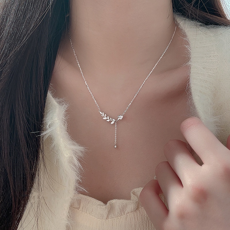 925 Silver Wheat Necklace Women's High-Grade Crystal Leaf Tassel Clavicle Chain