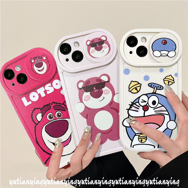 Cute Cartoon Strawberry Bear Lotso Push Pull Window Camera Lens Protector Case Compatible For iPhone 7Plus XR X XS Max 11 13 12 Pro Max 8Plus Funny Doraemon Cover